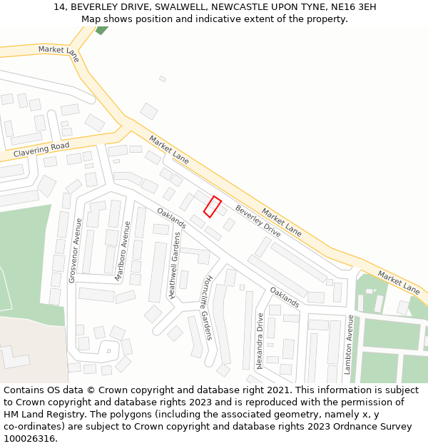 14, BEVERLEY DRIVE, SWALWELL, NEWCASTLE UPON TYNE, NE16 3EH: Location map and indicative extent of plot