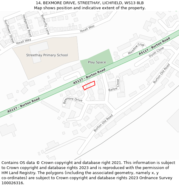 14, BEXMORE DRIVE, STREETHAY, LICHFIELD, WS13 8LB: Location map and indicative extent of plot