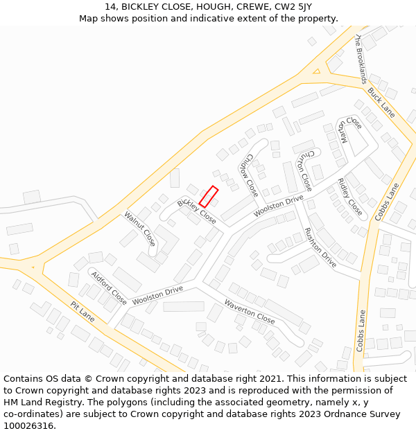 14, BICKLEY CLOSE, HOUGH, CREWE, CW2 5JY: Location map and indicative extent of plot