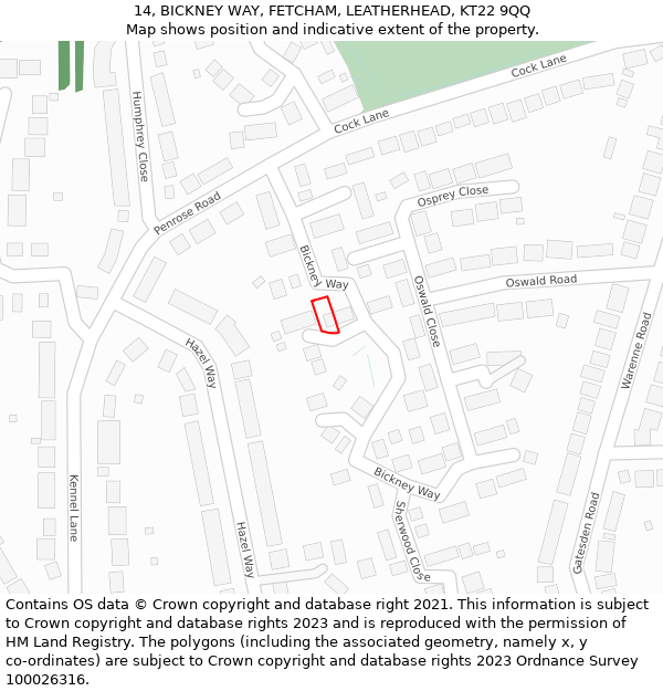 14, BICKNEY WAY, FETCHAM, LEATHERHEAD, KT22 9QQ: Location map and indicative extent of plot