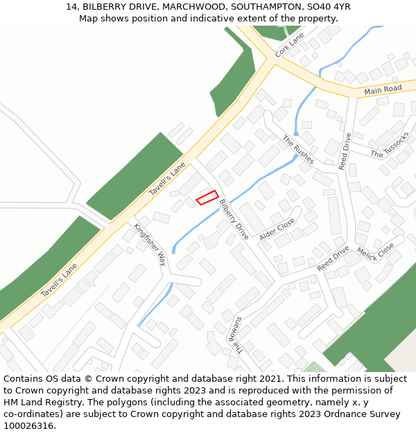 14, BILBERRY DRIVE, MARCHWOOD, SOUTHAMPTON, SO40 4YR: Location map and indicative extent of plot