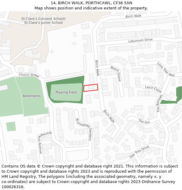 14, BIRCH WALK, PORTHCAWL, CF36 5AN: Location map and indicative extent of plot