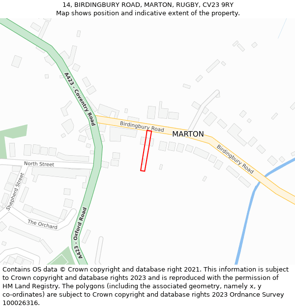 14, BIRDINGBURY ROAD, MARTON, RUGBY, CV23 9RY: Location map and indicative extent of plot