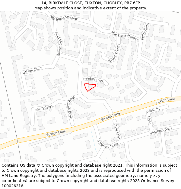 14, BIRKDALE CLOSE, EUXTON, CHORLEY, PR7 6FP: Location map and indicative extent of plot