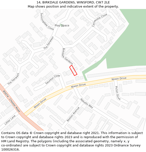 14, BIRKDALE GARDENS, WINSFORD, CW7 2LE: Location map and indicative extent of plot