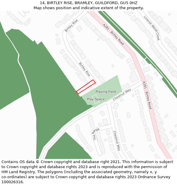 14, BIRTLEY RISE, BRAMLEY, GUILDFORD, GU5 0HZ: Location map and indicative extent of plot