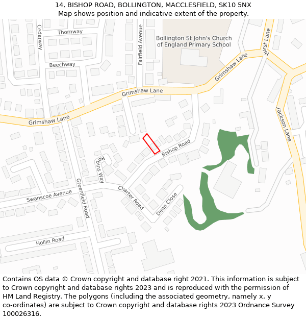 14, BISHOP ROAD, BOLLINGTON, MACCLESFIELD, SK10 5NX: Location map and indicative extent of plot