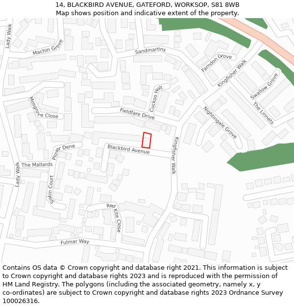 14, BLACKBIRD AVENUE, GATEFORD, WORKSOP, S81 8WB: Location map and indicative extent of plot