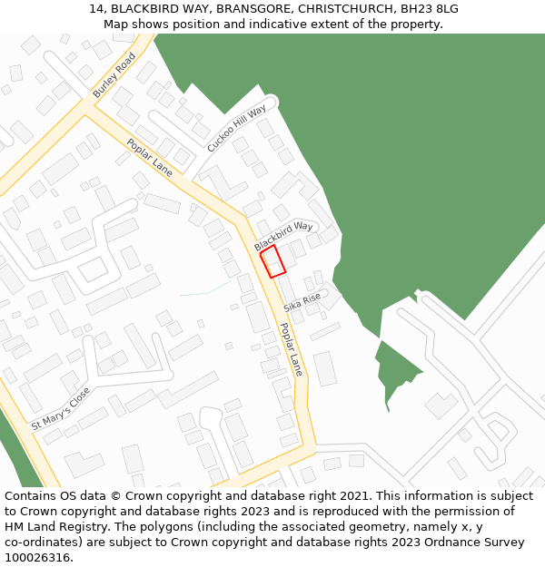 14, BLACKBIRD WAY, BRANSGORE, CHRISTCHURCH, BH23 8LG: Location map and indicative extent of plot