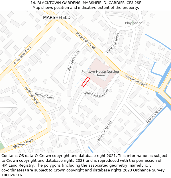 14, BLACKTOWN GARDENS, MARSHFIELD, CARDIFF, CF3 2SF: Location map and indicative extent of plot