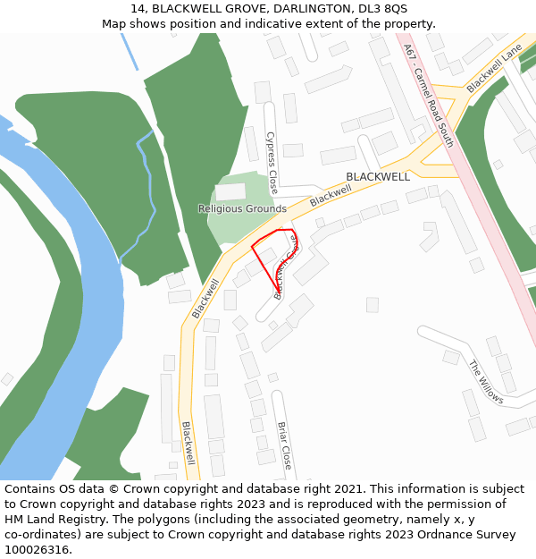 14, BLACKWELL GROVE, DARLINGTON, DL3 8QS: Location map and indicative extent of plot
