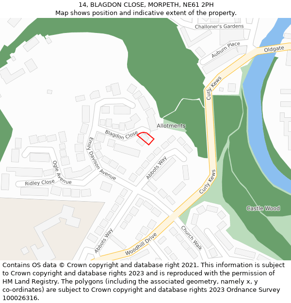 14, BLAGDON CLOSE, MORPETH, NE61 2PH: Location map and indicative extent of plot