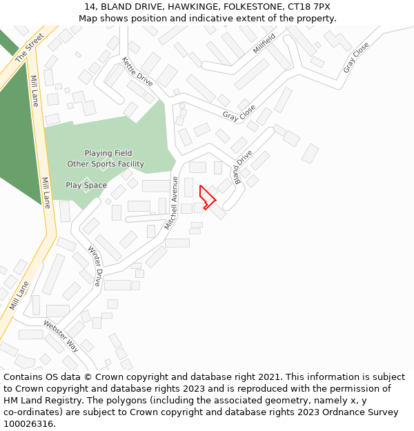 14, BLAND DRIVE, HAWKINGE, FOLKESTONE, CT18 7PX: Location map and indicative extent of plot