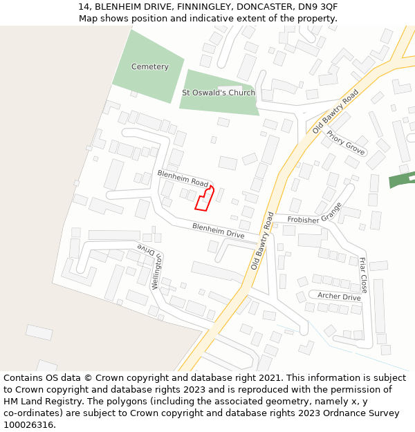 14, BLENHEIM DRIVE, FINNINGLEY, DONCASTER, DN9 3QF: Location map and indicative extent of plot