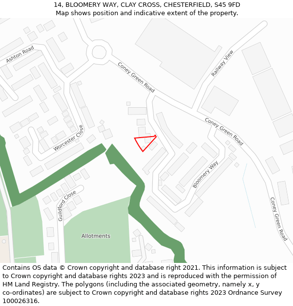 14, BLOOMERY WAY, CLAY CROSS, CHESTERFIELD, S45 9FD: Location map and indicative extent of plot