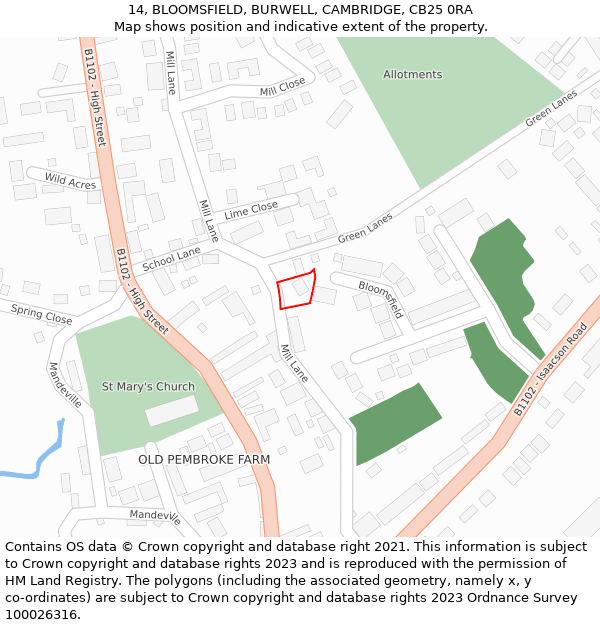 14, BLOOMSFIELD, BURWELL, CAMBRIDGE, CB25 0RA: Location map and indicative extent of plot