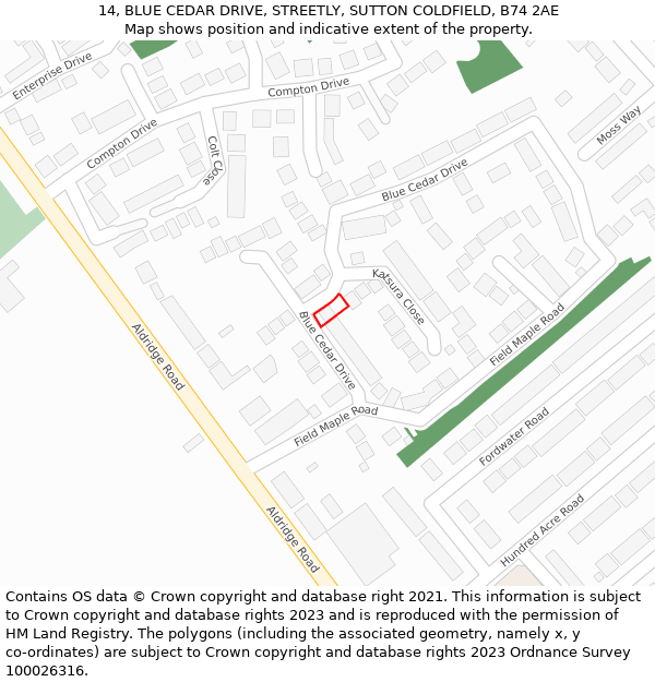 14, BLUE CEDAR DRIVE, STREETLY, SUTTON COLDFIELD, B74 2AE: Location map and indicative extent of plot