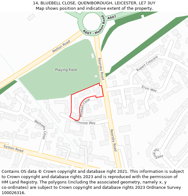 14, BLUEBELL CLOSE, QUENIBOROUGH, LEICESTER, LE7 3UY: Location map and indicative extent of plot