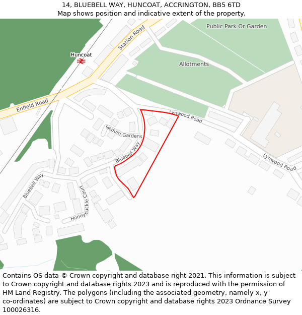 14, BLUEBELL WAY, HUNCOAT, ACCRINGTON, BB5 6TD: Location map and indicative extent of plot