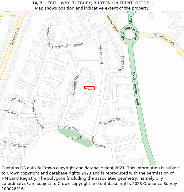 14, BLUEBELL WAY, TUTBURY, BURTON-ON-TRENT, DE13 9LJ: Location map and indicative extent of plot