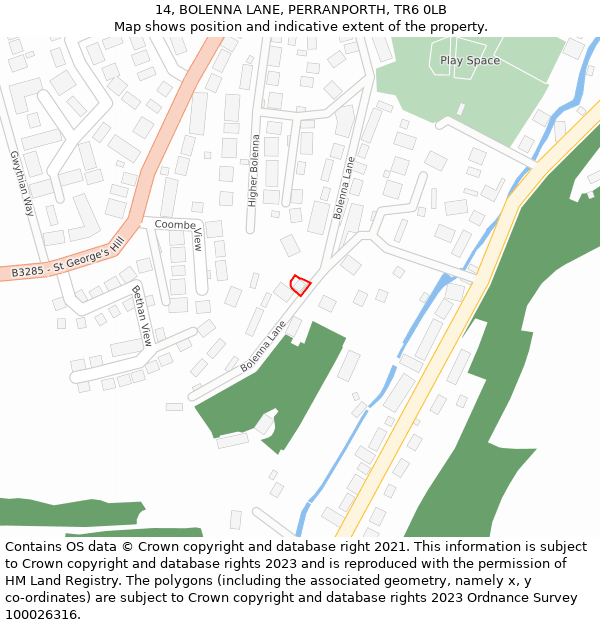 14, BOLENNA LANE, PERRANPORTH, TR6 0LB: Location map and indicative extent of plot
