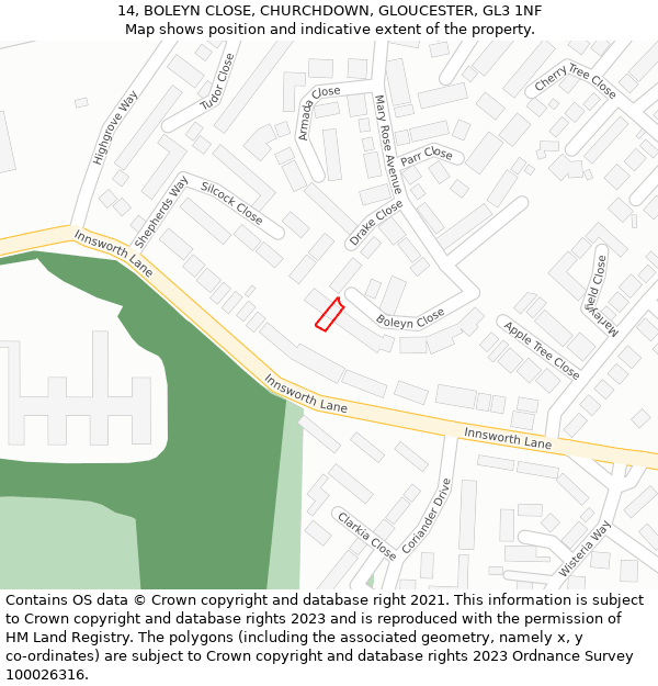 14, BOLEYN CLOSE, CHURCHDOWN, GLOUCESTER, GL3 1NF: Location map and indicative extent of plot