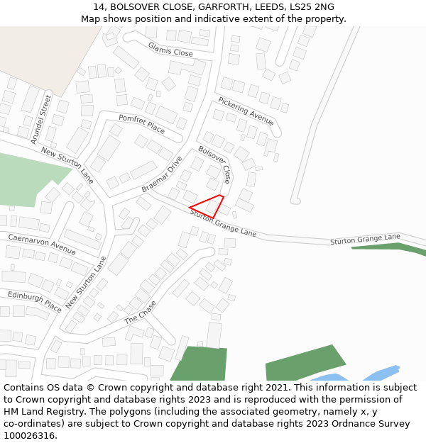 14, BOLSOVER CLOSE, GARFORTH, LEEDS, LS25 2NG: Location map and indicative extent of plot