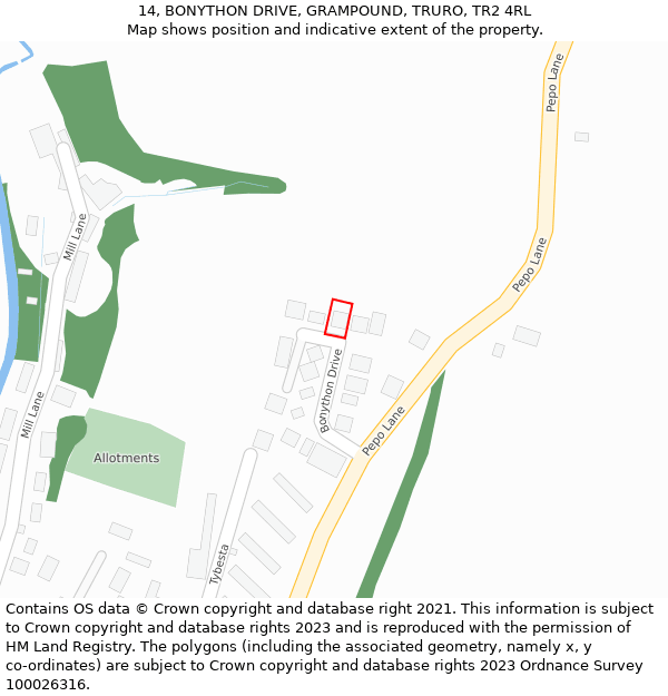 14, BONYTHON DRIVE, GRAMPOUND, TRURO, TR2 4RL: Location map and indicative extent of plot