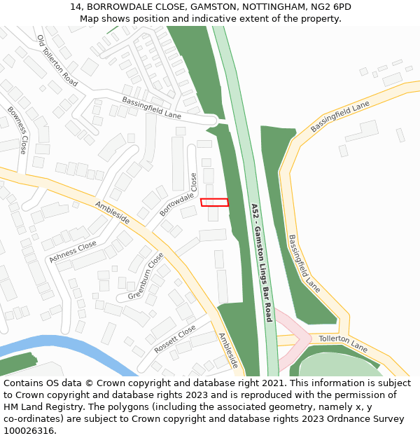 14, BORROWDALE CLOSE, GAMSTON, NOTTINGHAM, NG2 6PD: Location map and indicative extent of plot