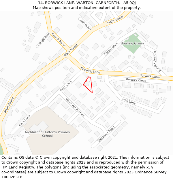 14, BORWICK LANE, WARTON, CARNFORTH, LA5 9QJ: Location map and indicative extent of plot