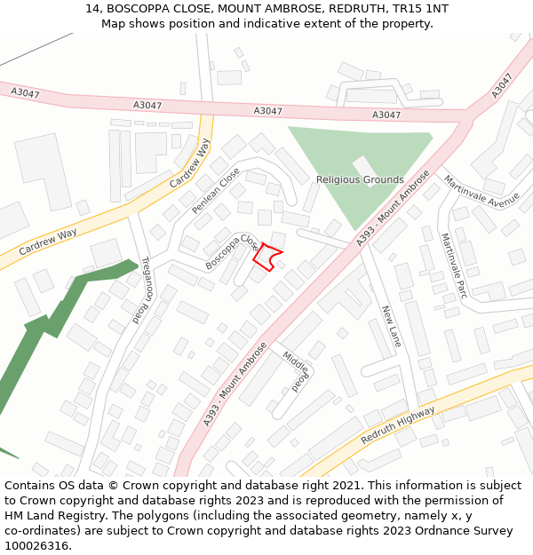 14, BOSCOPPA CLOSE, MOUNT AMBROSE, REDRUTH, TR15 1NT: Location map and indicative extent of plot