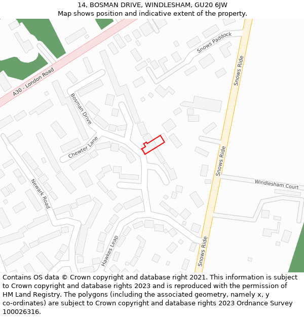 14, BOSMAN DRIVE, WINDLESHAM, GU20 6JW: Location map and indicative extent of plot