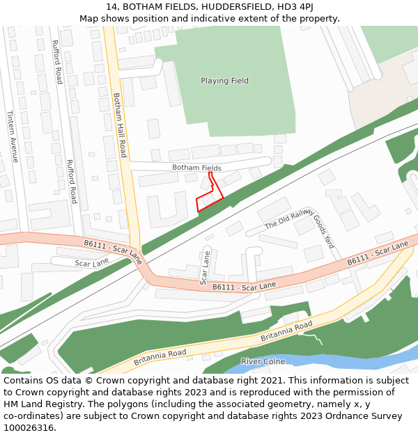 14, BOTHAM FIELDS, HUDDERSFIELD, HD3 4PJ: Location map and indicative extent of plot