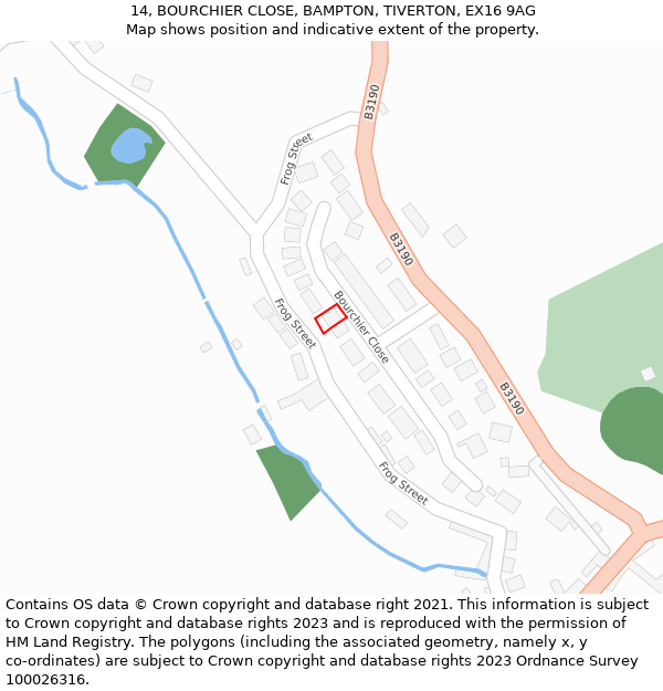 14, BOURCHIER CLOSE, BAMPTON, TIVERTON, EX16 9AG: Location map and indicative extent of plot