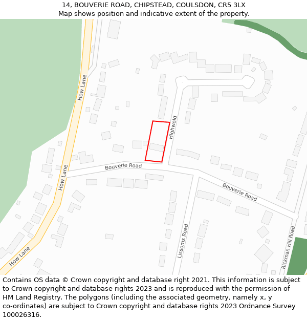 14, BOUVERIE ROAD, CHIPSTEAD, COULSDON, CR5 3LX: Location map and indicative extent of plot