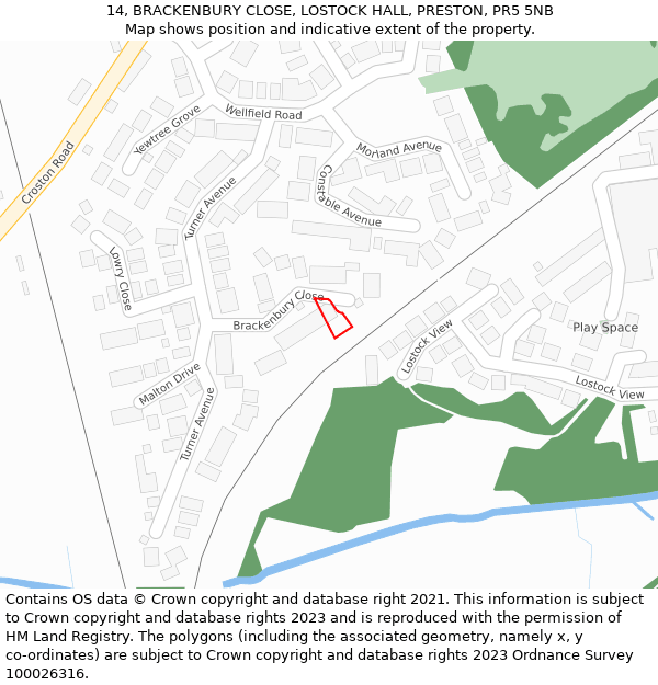 14, BRACKENBURY CLOSE, LOSTOCK HALL, PRESTON, PR5 5NB: Location map and indicative extent of plot