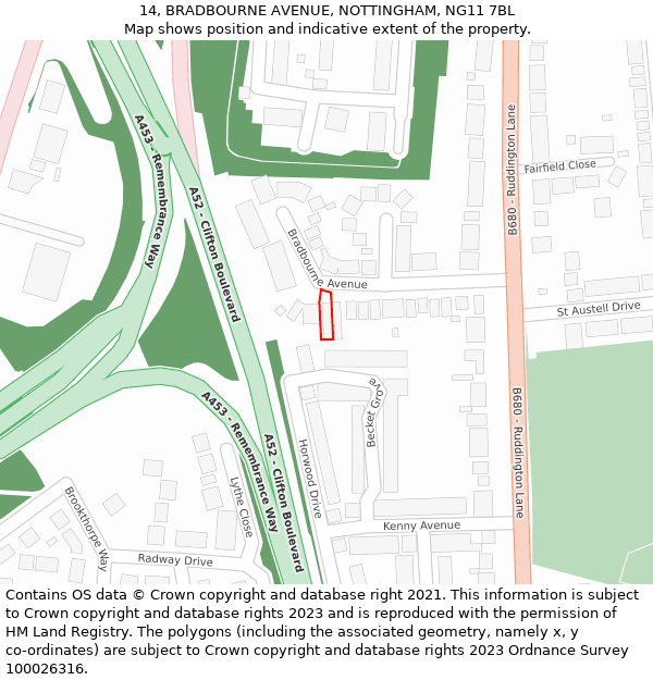 14, BRADBOURNE AVENUE, NOTTINGHAM, NG11 7BL: Location map and indicative extent of plot