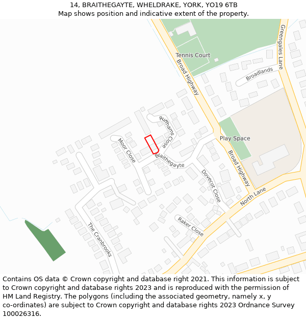 14, BRAITHEGAYTE, WHELDRAKE, YORK, YO19 6TB: Location map and indicative extent of plot