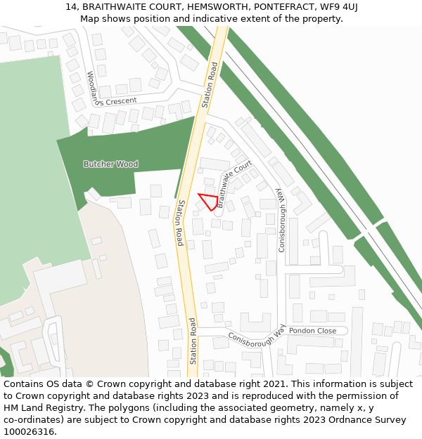 14, BRAITHWAITE COURT, HEMSWORTH, PONTEFRACT, WF9 4UJ: Location map and indicative extent of plot