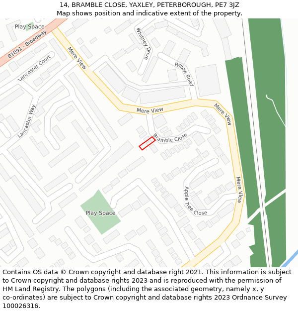 14, BRAMBLE CLOSE, YAXLEY, PETERBOROUGH, PE7 3JZ: Location map and indicative extent of plot