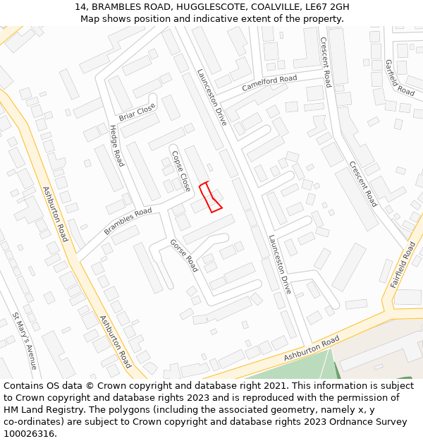 14, BRAMBLES ROAD, HUGGLESCOTE, COALVILLE, LE67 2GH: Location map and indicative extent of plot