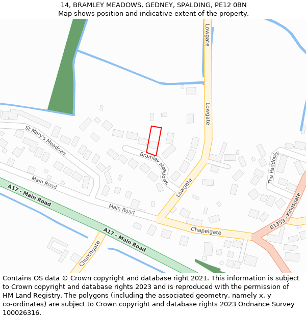 14, BRAMLEY MEADOWS, GEDNEY, SPALDING, PE12 0BN: Location map and indicative extent of plot