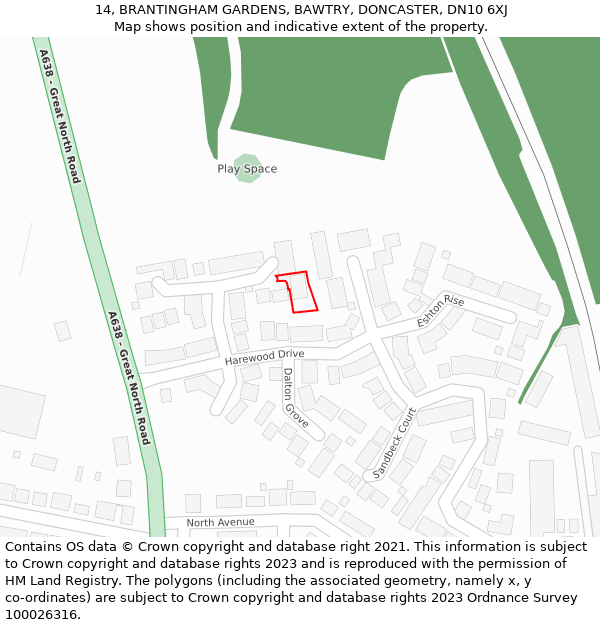 14, BRANTINGHAM GARDENS, BAWTRY, DONCASTER, DN10 6XJ: Location map and indicative extent of plot