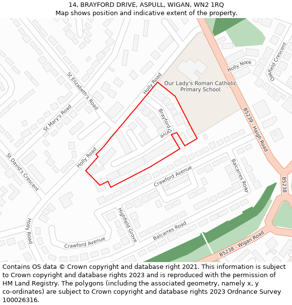 14, BRAYFORD DRIVE, ASPULL, WIGAN, WN2 1RQ: Location map and indicative extent of plot