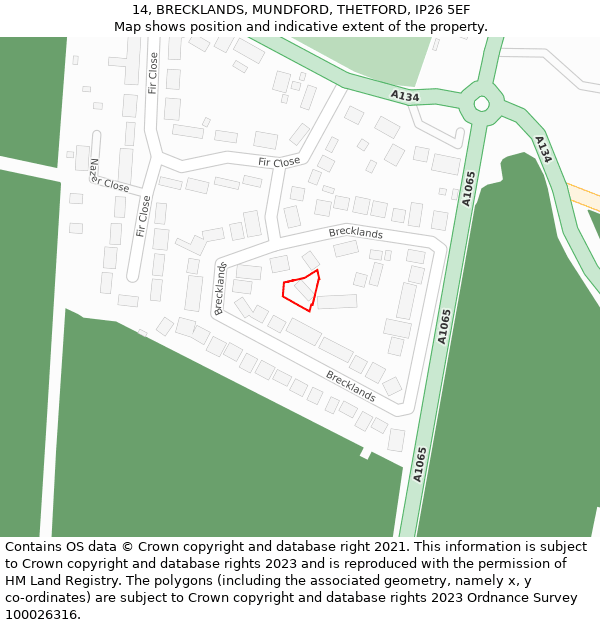 14, BRECKLANDS, MUNDFORD, THETFORD, IP26 5EF: Location map and indicative extent of plot