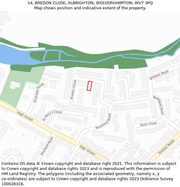 14, BREDON CLOSE, ALBRIGHTON, WOLVERHAMPTON, WV7 3PQ: Location map and indicative extent of plot