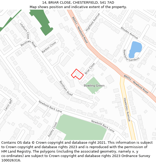 14, BRIAR CLOSE, CHESTERFIELD, S41 7AD: Location map and indicative extent of plot