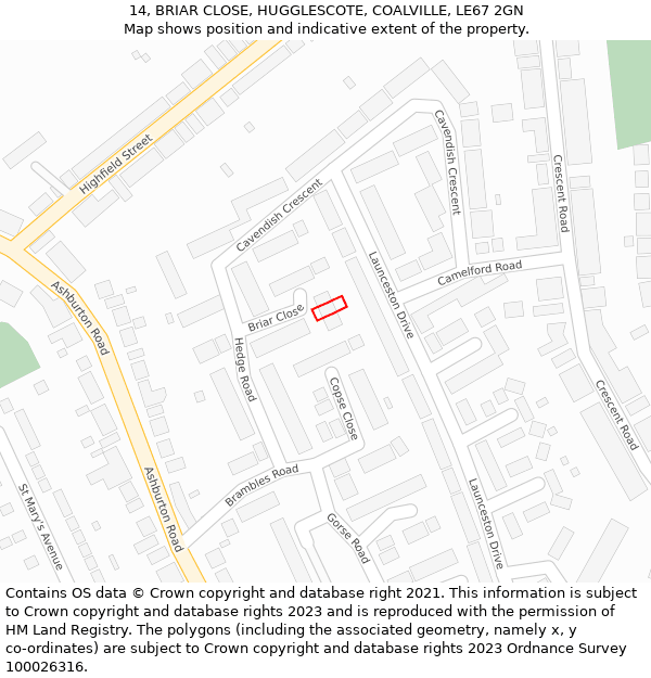 14, BRIAR CLOSE, HUGGLESCOTE, COALVILLE, LE67 2GN: Location map and indicative extent of plot