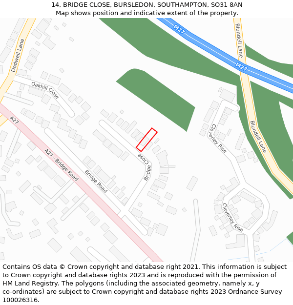 14, BRIDGE CLOSE, BURSLEDON, SOUTHAMPTON, SO31 8AN: Location map and indicative extent of plot