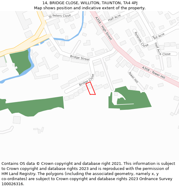 14, BRIDGE CLOSE, WILLITON, TAUNTON, TA4 4PJ: Location map and indicative extent of plot